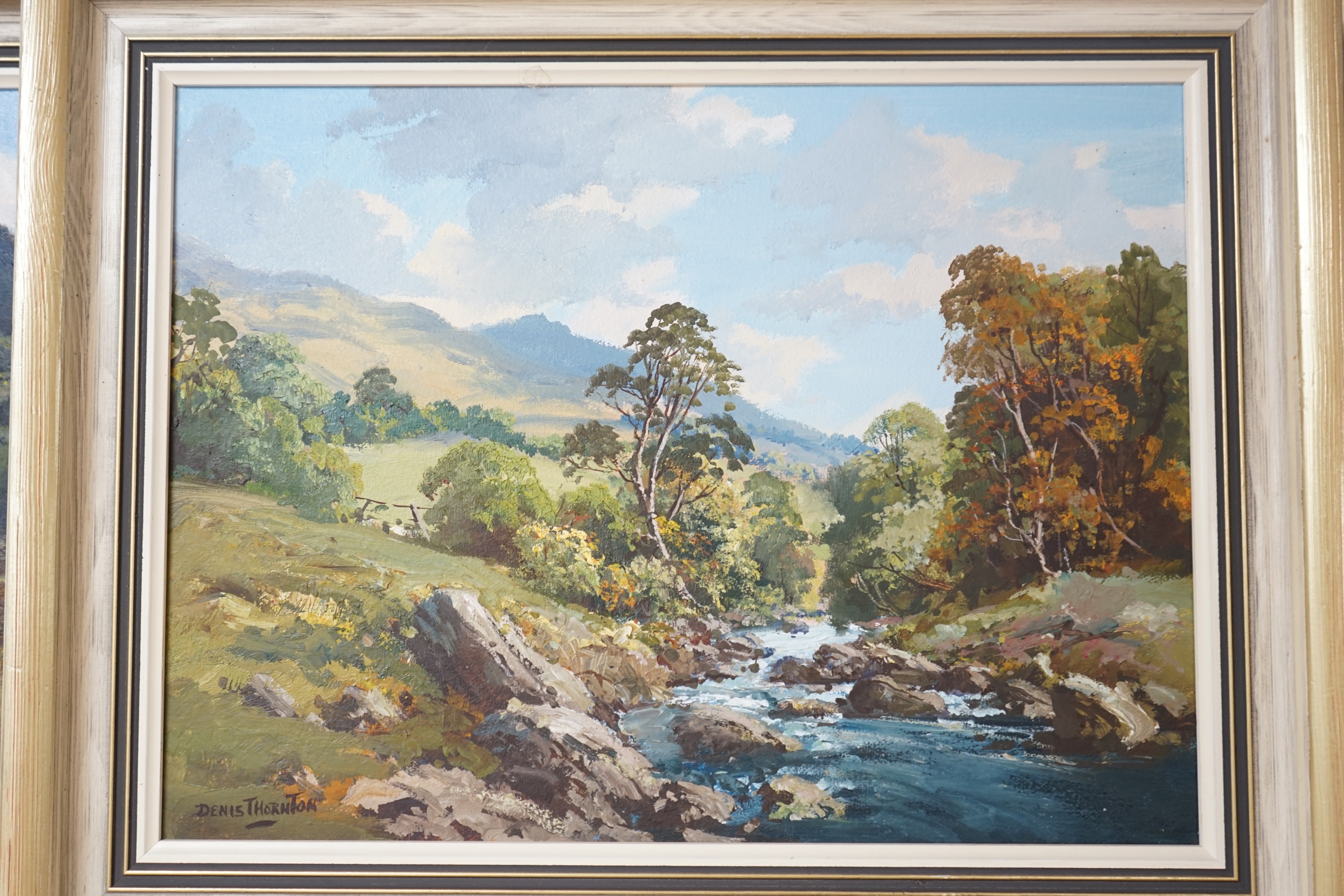 Denis Thornton (Irish, b.1937), three oils on canvas to include, ‘The Dun River, Co. Antrim’ and ‘Glendalough, Co. Wicklow’, each signed, largest 29 x 39cm. Condition - good